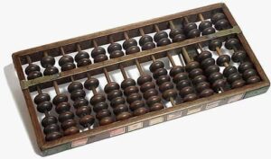 Wooden abacus with rows of beads for basic arithmetic calculations.