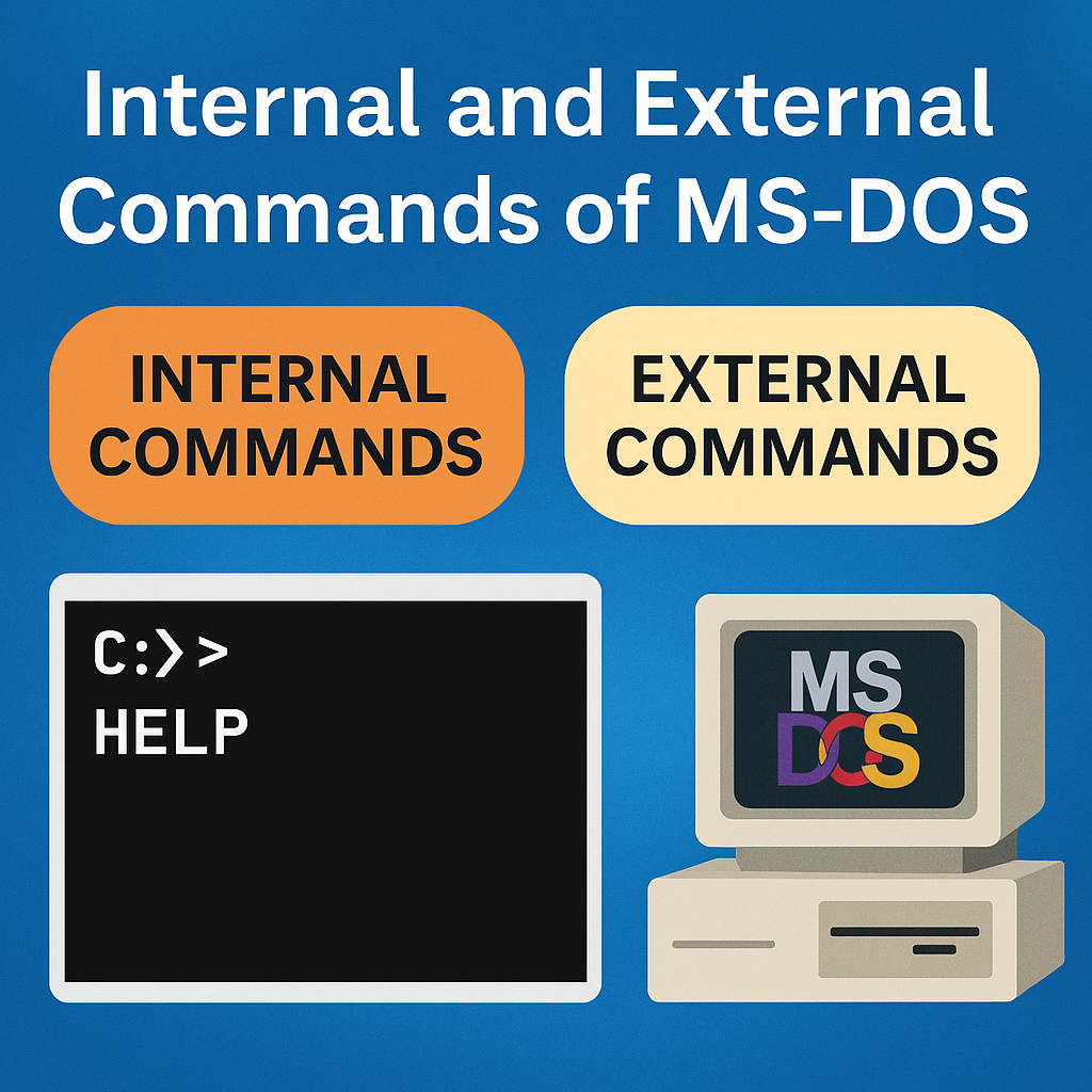 Illustration showing internal and external commands of MS-DOS with command prompt and computer icons for students